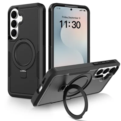 For Samsung Galaxy A17 4G / Galaxy A26 5G / Galaxy A18 4G / Galaxy A18 5G / Galaxy A17 5G Case Magnetic Rotatable Kickstand PC + TPU Phone Protective Cover - Black+Black