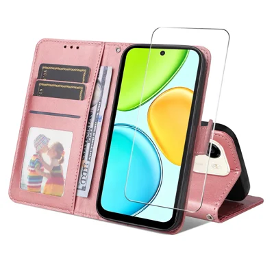HAT PRINCE para Honor X7e 4G / Honor X6e 4G Funda tipo cartera de cuero PU con soporte para teléfono y cristal templado 9H - Rosa