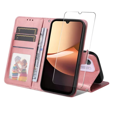 HAT PRINCE لجهاز Xiaomi Redmi 17C 5G / Xiaomi Redmi 17C 4G غطاء جراب من جلد PU مع محفظة ENKAY وحامل هاتف مع زجاج مقسّى 9H - وردي