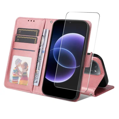  HAT PRINCE for Xiaomi Poco C95 Pro PU Leather Wallet Case ENKAY  Phone Stand Cover with 9H Tempered Glass - Pink