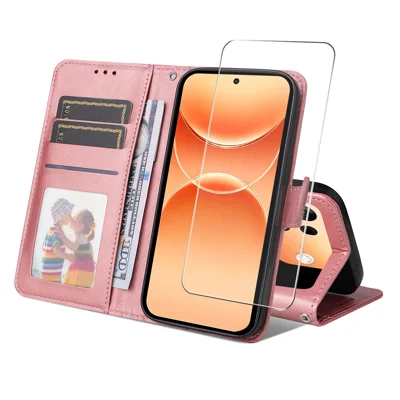  HAT PRINCE para Oppo A7 Pro Max 5G Funda tipo cartera de cuero PU con soporte para teléfono y cristal templado 9H - Rosa