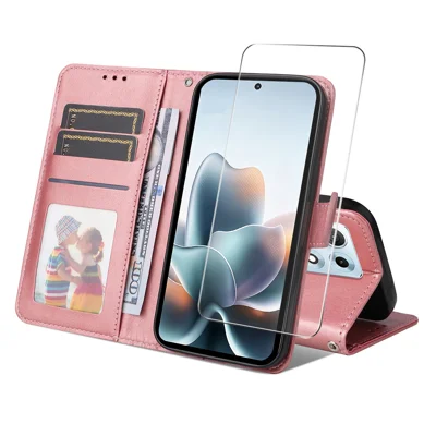  HAT PRINCE für Motorola Edge 70 Max 5G PU Leder-Maptasche ENKAY Ständer-Handyhülle mit 9H Hartglas - Pink