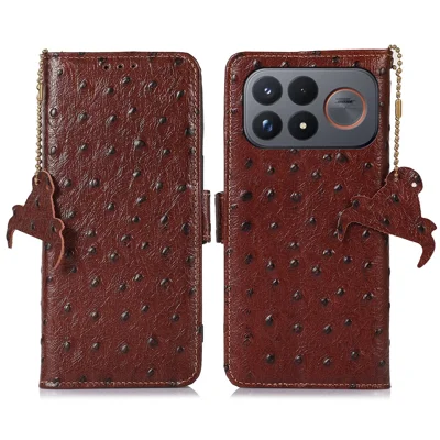Coque pour Xiaomi Redmi K100 Pro Max 5G, coque RFID Bloquant en Cuir Véritable de Vache avec Texture Autruche - Café