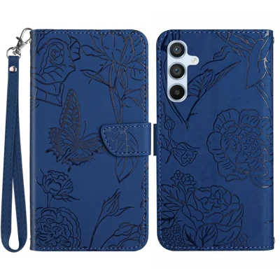 HT03 für Samsung Galaxy A34 5G Anti-Scratch-Handyhülle mit Schmetterlings- und Blumendruck, haptisch angenehm, magnetisches PU-Leder-Flip-Wallet-Cover mit Gurt - Blau