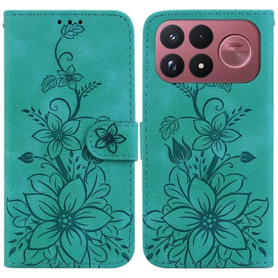 Cover per Xiaomi Poco F9 Ultra 5G con Supporto, Copertina in Pelle con Stampa di Fiori di Giglio e Cinturino da Polso - Verde