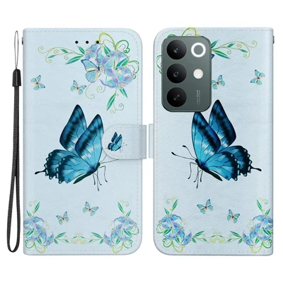 Чехол-кошелек для телефона OnePlus N6x 4G / Realme C100 5G / C85 5G / C83 5G, антиударный, с рисунком, из искусственной кожи, откидной, с ремешком на запястье — синий цветок бабочки