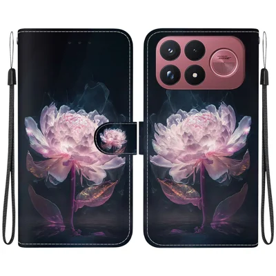 For Xiaomi Poco F9 Ultra 5G Wallet Phone Case Anti-Drop Pattern Printing Leather Flip Cover with Strap - Purple Peony