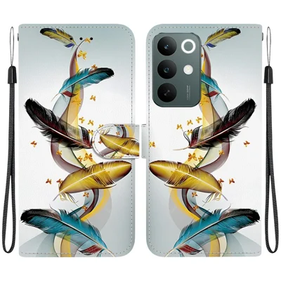 Кожаный чехол для OnePlus N6x 4G / Realme C100 5G / C85 5G / C83 5G с рисунком, откидной, с отделением для карт и шнурком — Золотые бабочки и перья