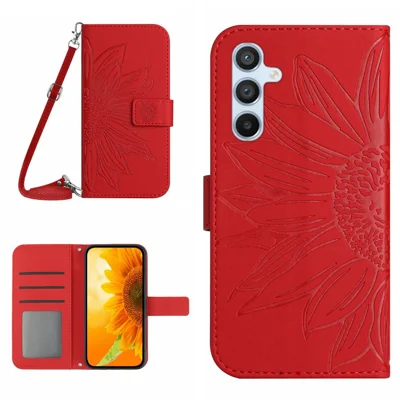 HT04 Sunflower Gedruckter Telefonhülle Für Samsung Galaxy A34 5G, PU Leder-brieftasche Hauthaut-touch Schockdelefonabdeckung Mit Schultergurt - Rot
