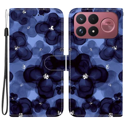 Cover con Portafoglio per Xiaomi Poco F9 Ultra 5G, Custodia in Pelle con Stampa a Fiori, Supporto Integrato e Cinturino da Polso - Fiore Blu Scuro