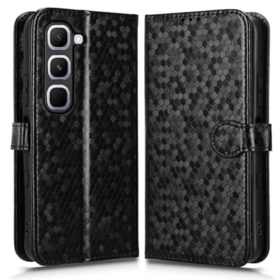 جراب محفظة لهاتف Infinix Hot 70 Pro 5G بتصميم نقطي من جلد PU مع حزام يد - أسود