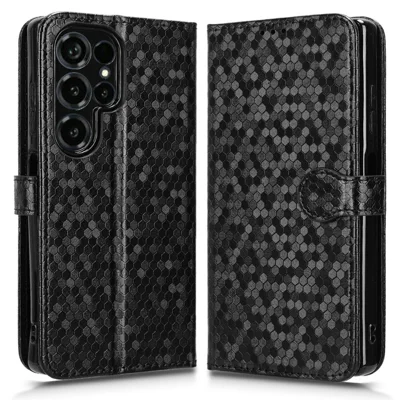 For Oukitel C66 Wallet Case Dot Pattern Imprint PU Leather Phone Cover with Wrist Strap - Black