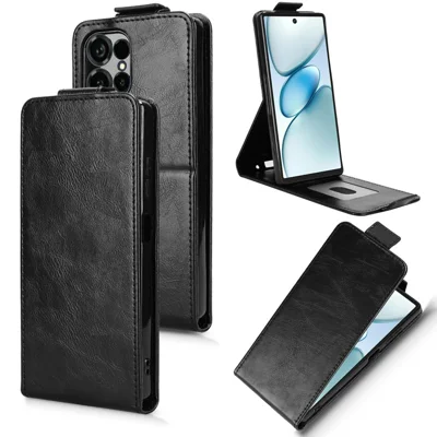 For Oukitel C66 Stand Case Magnetic Clasp Vertical Flip Leather Phone Cover with Card Holder - Black