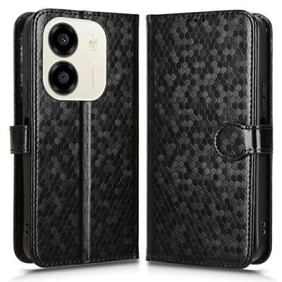 Funda tipo cartera para Honor X6e 4G con patrón de puntos, funda de cuero PU con correa de mano - Negro