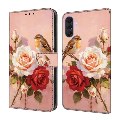 For Samsung Galaxy A27 5G Læderetui med mønstertryk, wallet flip standtelebeskyttelse - roser og fugle