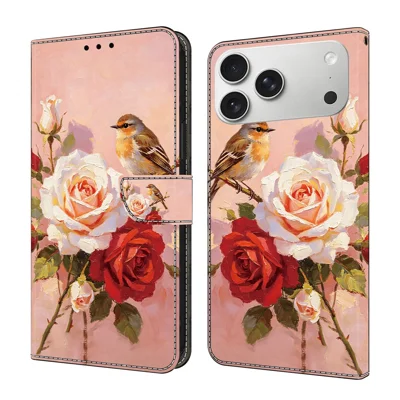 For iPhone 18 Pro Max  /  17 Pro Max Leather Case Pattern Printing Wallet Flip Stand Phone Cover - Roses and Birds