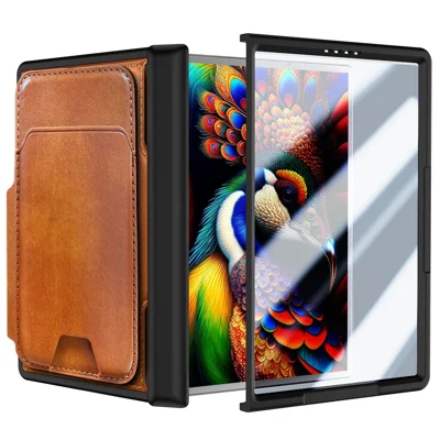 For Samsung Galaxy Z Fold8 Magnetic Case Card Holder Hinge Protection PU Leather Coated PC Phone Cover  mpered Glass Screen Protector - Orange