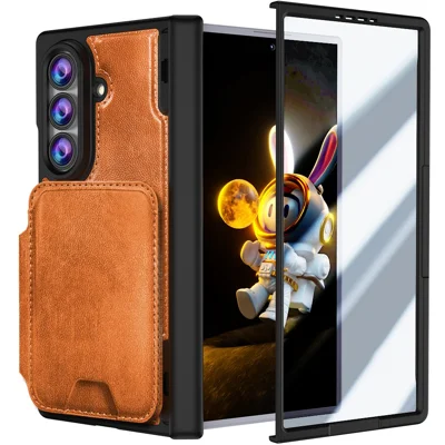 Чехол для Samsung Galaxy Z Fold8 Ultra с магнитной зарядкой, держателем карт, защитой шарнира, из искусственной кожи PU с покрытием PC и защитной пленкой из закаленного стекла - Оранжевый