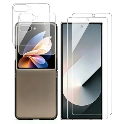 For Samsung Galaxy Z Flip8 Case Hard PC Folding Phone Cover with 2Pcs High Aluminium-silicon Glass Outer Screen Protectors + 2Pcs Inner Screen Hydrogel Films - Matte Grey