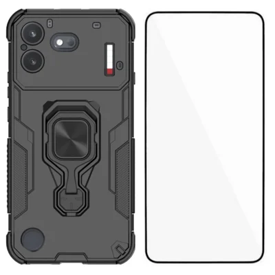 WANLONFENG för Nothing Phone (4b) mobilskal PC TPU bakplatta med ställfot och härdat glas - Svart