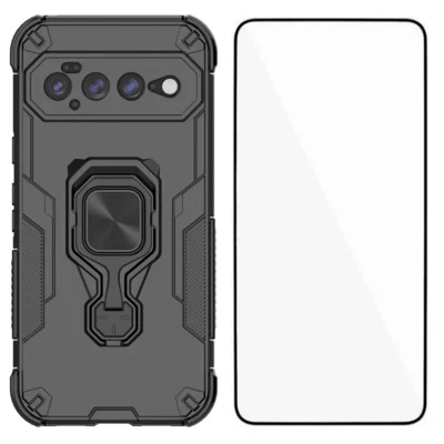 WANLONFENG para Google Pixel 11 Pro XL Capa de Telemóvel Capa Traseira PC TPU com Suporte e Vidro Temperado - Preto