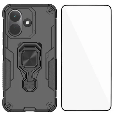 WANLONFENG til Xiaomi Redmi Note 17 Pro 5G telefonbeskytter, PC TPU bagside med fold ud-underlæg og turbotglasskærm - Sort