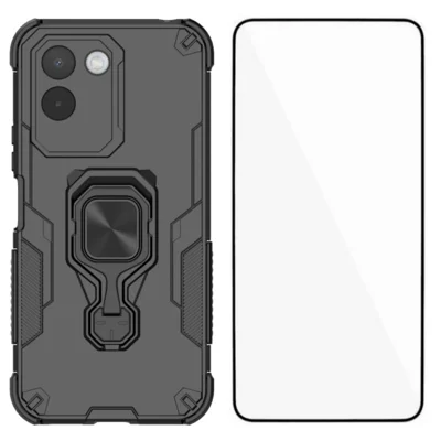 WANLONFENG voor OnePlus N6x 4G telefoonhoesje - PC TPU achterklep met standaard en gehard glas - Zwart