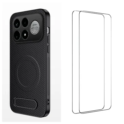 WANLONFENG for Xiaomi Poco F9 Pro 5G / Redmi K100 Pro 5G (China) QT1 Series Magnetic Case with 2Pcs Tempered Glass Films Kickstand Carbon Fiber Texture PC TPU Phone Cover - Black