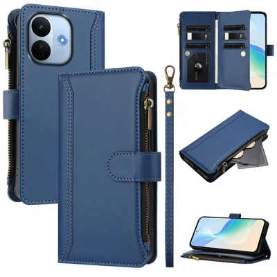 Futera skórzana na Xiaomi Redmi Note 17 Pro Max 5G / Xiaomi Redmi Note 17 Pro+ 5G, etui portfel z zamkiem, 9 slotów na karty, podstawką i opaską na nadgarstek - ciemnoniebieski