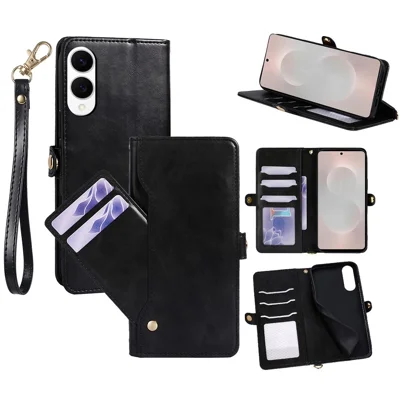 For Samsung Galaxy S25 Edge Case Oil Wax Leather Wallet Phone Cover with Rotatable Card Slots - Black