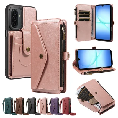  For Samsung Galaxy A17 4G / Galaxy M17 5G / Galaxy F17 5G / Galaxy A17 5G Magnetic Case Detachable RFID Blocking Wallet PU Leather + Matte TPU Phone Cover with Straps - Rose Gold