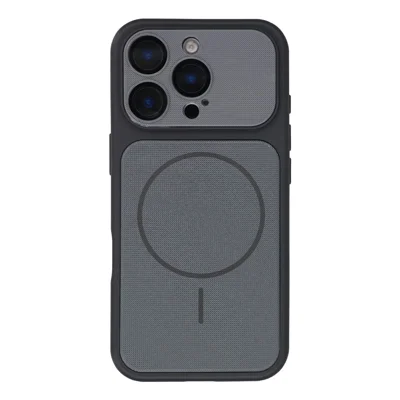 For iPhone 16 Pro Max Magnetic Case Grid Texture TPU + PC Phone Cover with Integrated Tempered Glass Lens Protector - Black
