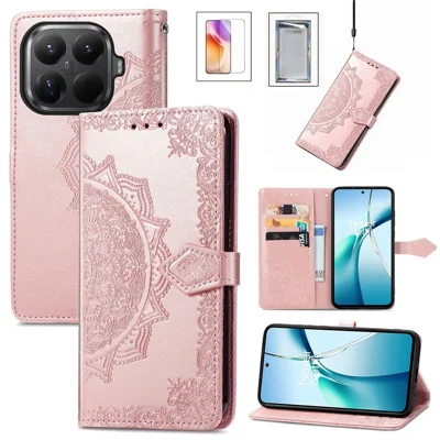 Læderet tilbehør til Xiaomi 17T med temperede glasfilm, mandala blomsterwallet til telefon - Rosenød