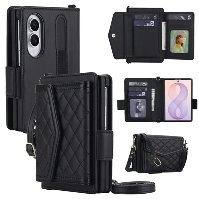 For Samsung Galaxy Z Fold8 Case Card Holders RFID Blocking PU Leather + TPU Phone Back Cover with Shoulder Strap - Black