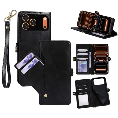 Coque portefeuille en cuir ciré pour iPhone 17 Pro Max avec fentes pour cartes rotatives - Noir