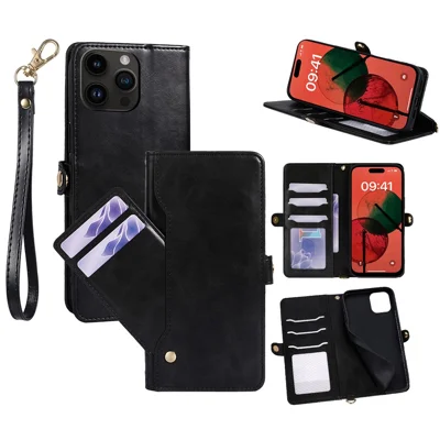 Coque portefeuille en cuir ciré pour iPhone 14 Pro Max avec fentes pour cartes rotatives - Noir