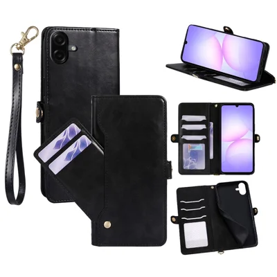 For Samsung Galaxy A07 5G Oil Wax Leather Wallet Phone Cover with Rotatable Card Slots - Black