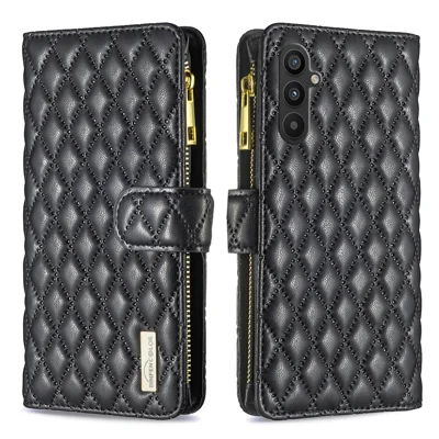  BINFEN COLOR for Samsung Galaxy S27+ BF Style-15 Leather Case Zipper Pocket Rhombus Phone Cover - Black
