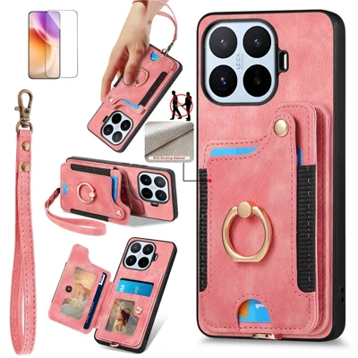 For Xiaomi 17T Case RFID Blocking Card Holder Retro PU Leather Back Cover with Tempered Glass Screen Protector - Pink