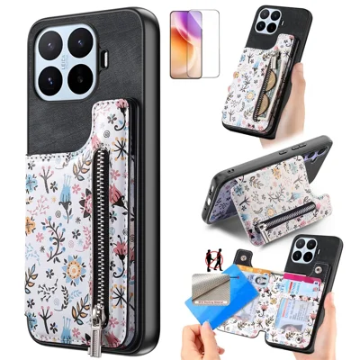 For Xiaomi 17T Case Blomstermønster med lynlåse-kortholder RFID-blokerende Håndteringssikker telefonbeskyttelse med tempersliffilm - Sort