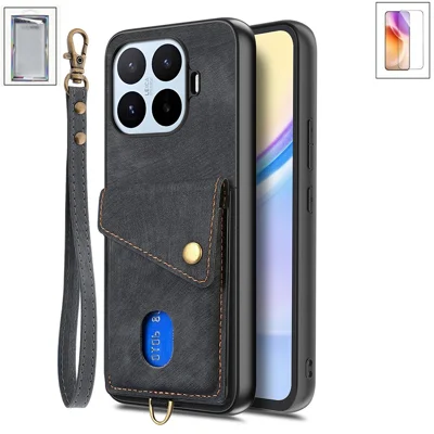 Til Xiaomi 17T hylster med skærmværn af tempers glas, kortlomme, retro PU-læder bagside - Sort