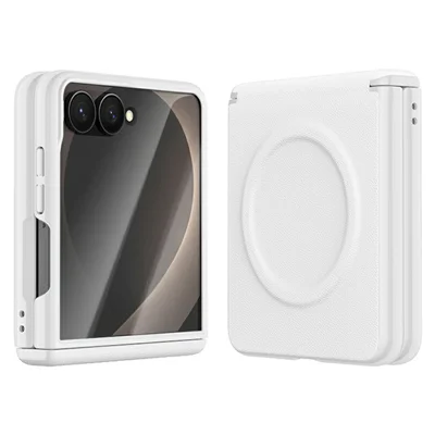 For Samsung Galaxy Z Flip8 Magnetic Case with Tempered Glass Film Magnetic Hinge Protection Faux Leather + PC Phone Cover - White