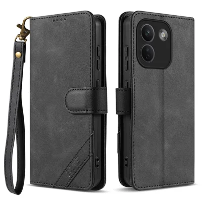 AZNS A2 For Xiaomi Redmi Note 17 Pro Max 5G Leather Case with Wrist Strap RFID Blocking Wallet Stand Phone Cover - Black