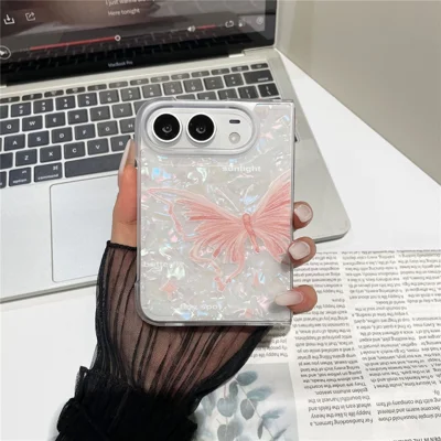 For iPhone Duo Case Shell Texture Shockproof PC Foldable Phone Cover - Pink Butterfly
