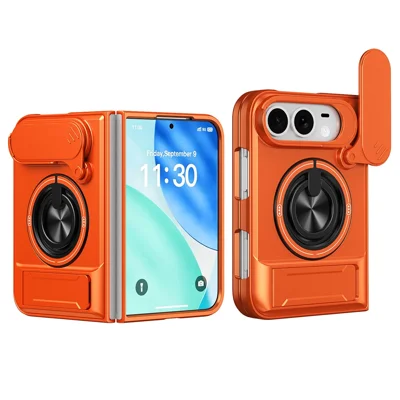 For iPhone Duo Magnetic Case Ring Holder Foldable Kickstand TPU PC Phone Cover with Camera Lens Slider - Orange