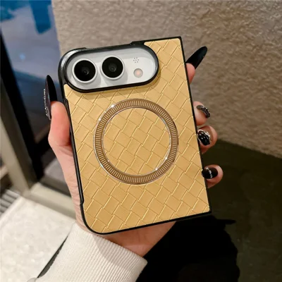 For iPhone Duo Magnetic Case Woven Texture PU Leather + PC Phone Cover Hollow Front Cover Design - Gold