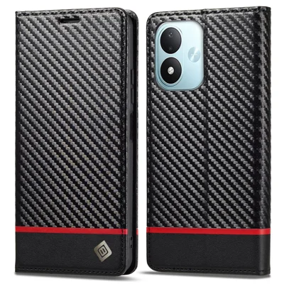 Etui portfelikowe LC.IMEEKE do Xiaomi Redmi Note 17 4G (Global) / Note 17 5G (Global) / Note 17 (Indie/Chiny) 5G, pokryta skóra z fakturą węglową - poziome pasy