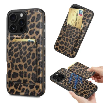 Für iPhone 16 Pro Hülle mit magnetischem Kartenhalter PU-Leder + PC + TPU Kratzschutz-Handyhülle - Leopard