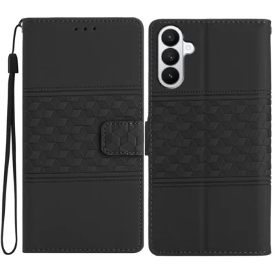 Cover per Samsung Galaxy S27 con Design a Rombo in Pelle, Custodia Horizontale con Fascia da Polso - Nero