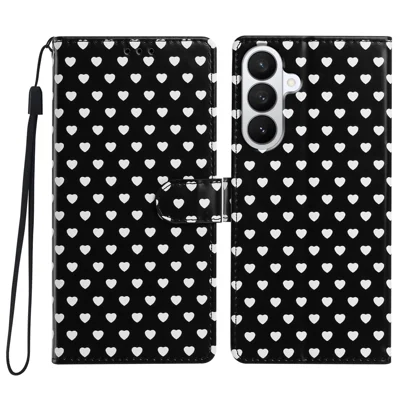 Cover per Samsung Galaxy S27 con Motivo a Cuore, Custodia Pieghevole in PU con Supporto e Portafoglio, Cinturino da Polso - Nero